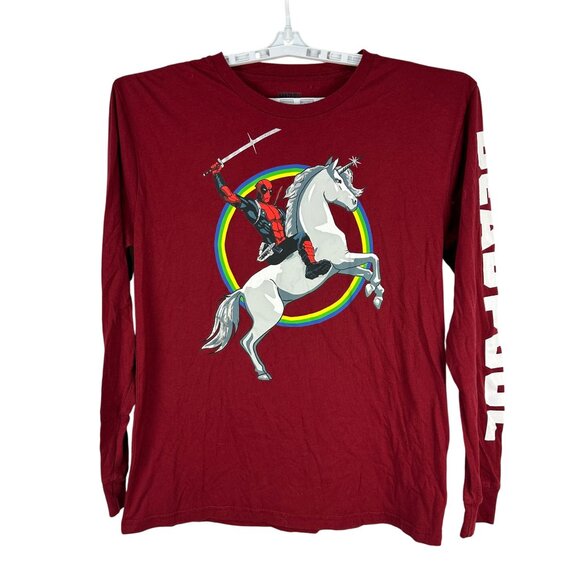 Deadpool Maroon Long Sleeve Shirt Comics Riding Unicorn Graphic Size LG - Picture 1 of 4